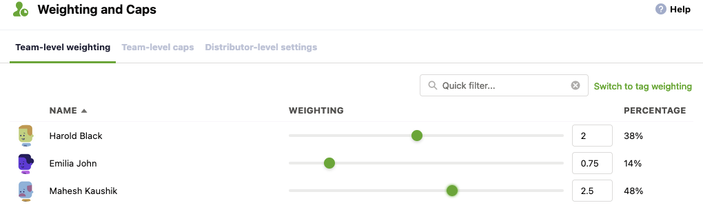 The team-level weighting screen shows three different users, each with different weightings set, and the calculated proportion of records that they will receive.